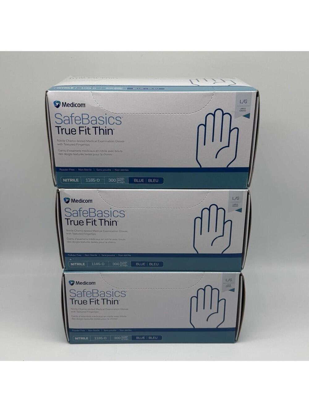 Medicom 1185-D SafeBasics Nitrile Exam Gloves True Fit Thin Blue Large 300 X3